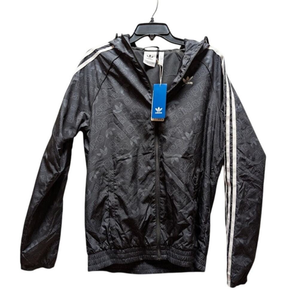 Adidas Black Monogram Small Hood Windbreaker full zip jacket Hood Elastic Waist